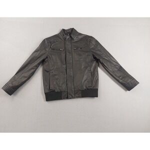 Red Herring Men Bomber Jacket L‎ Black Faux Leather Full Zip Pockets Outerwear
